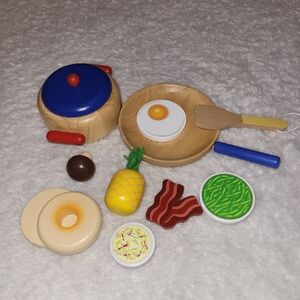 Wooden Play Kitchen Set Frying Pan Pot Food Montessori Toy Bacon Egg Pineapple